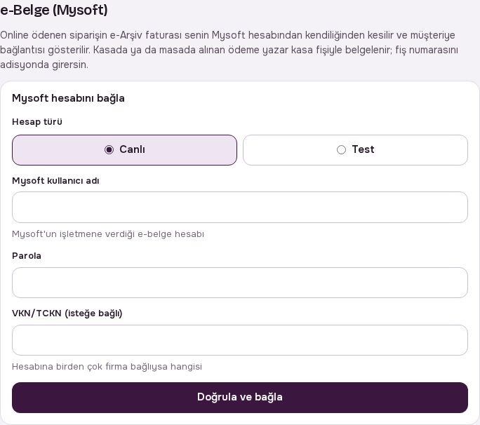 e-Belge (Mysoft) bölümü: hesap bağlama ve e-Adisyon seçeneği