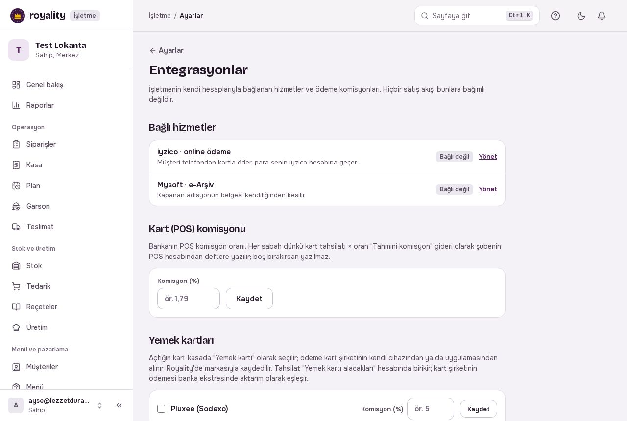 Entegrasyonlar: bağlı hizmetler, POS komisyonu ve yemek kartları
