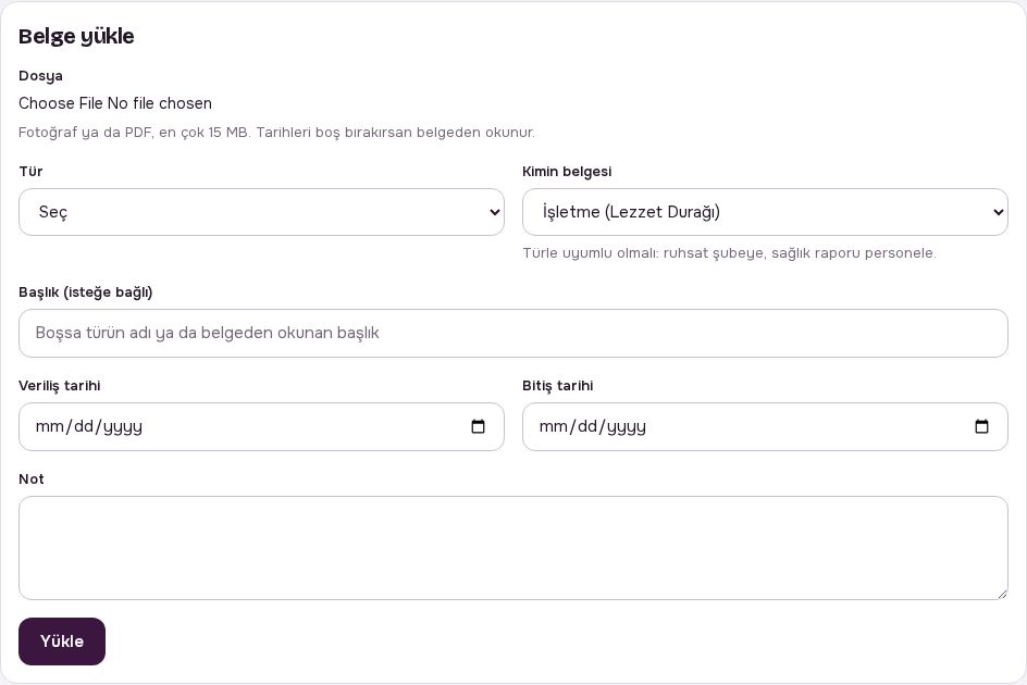 Belge yükle formu: dosya, tür, kimin belgesi, başlık ve tarihler