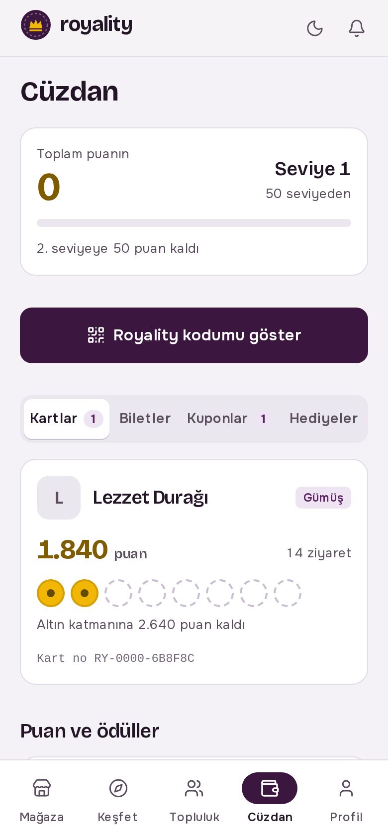 Cüzdan: toplam puan, seviye ve Royality kodu düğmesi