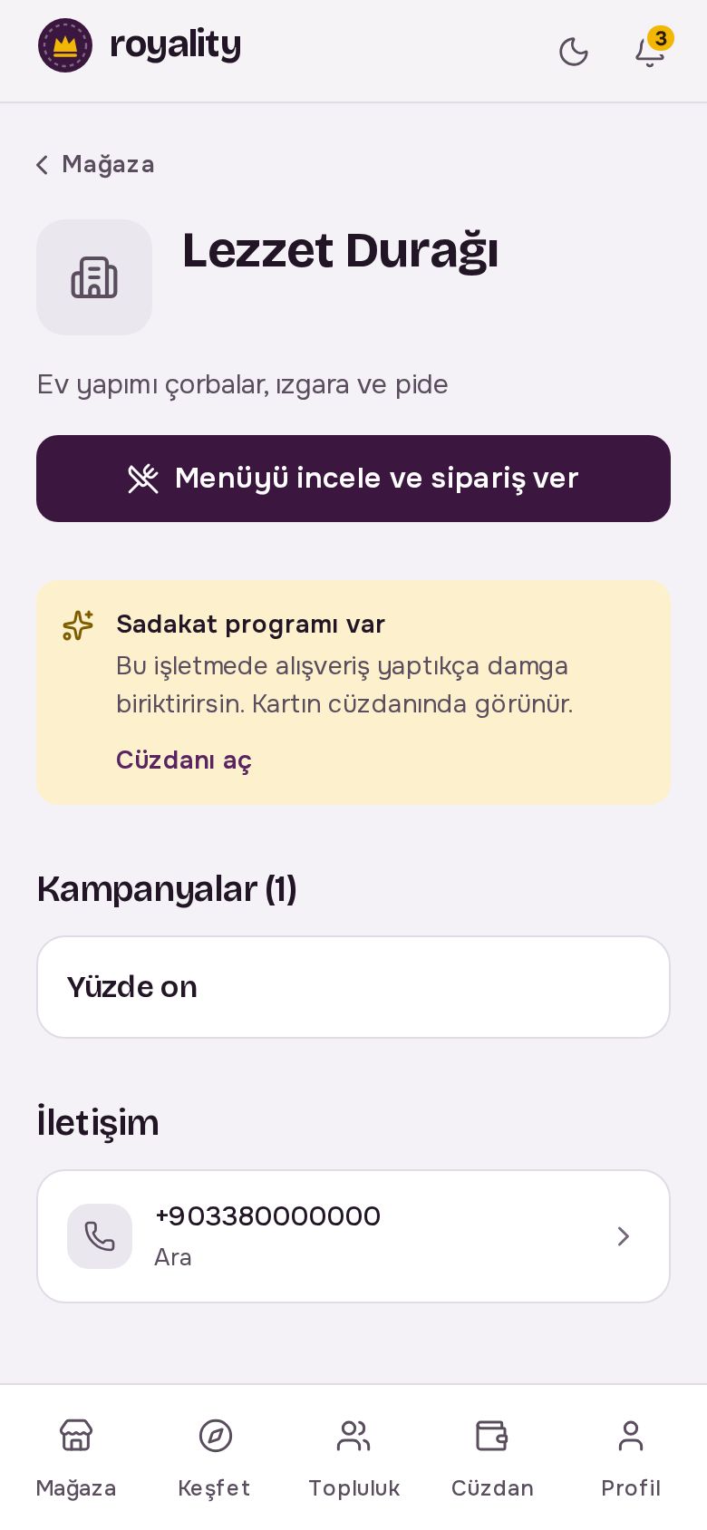 İşletme sayfası: menü, rezervasyon ve kampanyalar