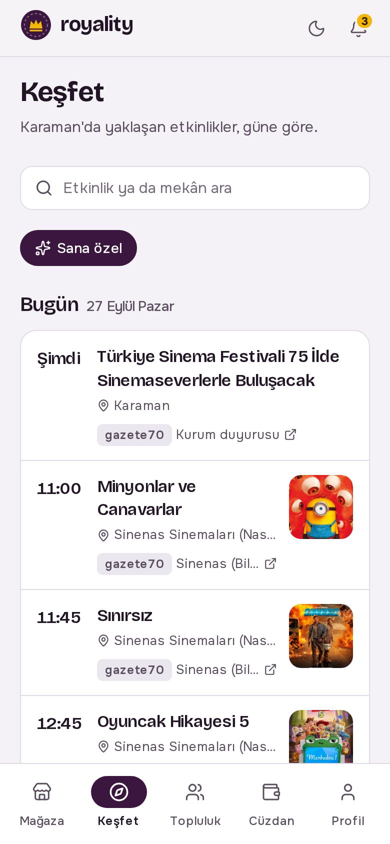 Keşfet: güne göre etkinlikler