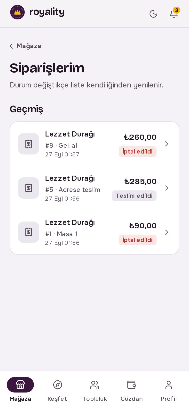 Siparişlerim listesi