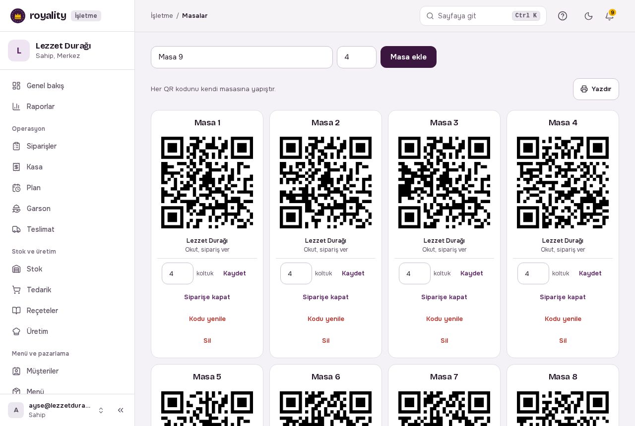 Masalar: masa ekleme formu ve masa QR kartları